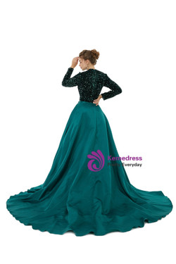 Green Mermaid Sequins Satin Long Sleeve Prom Dress With Detachable Train